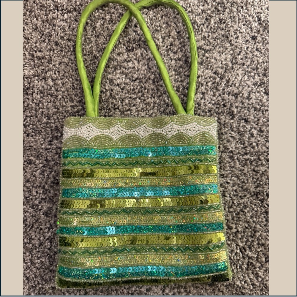 Lime Green satin purse with aqua and pearl sequins/beads - 6.5 x 8
